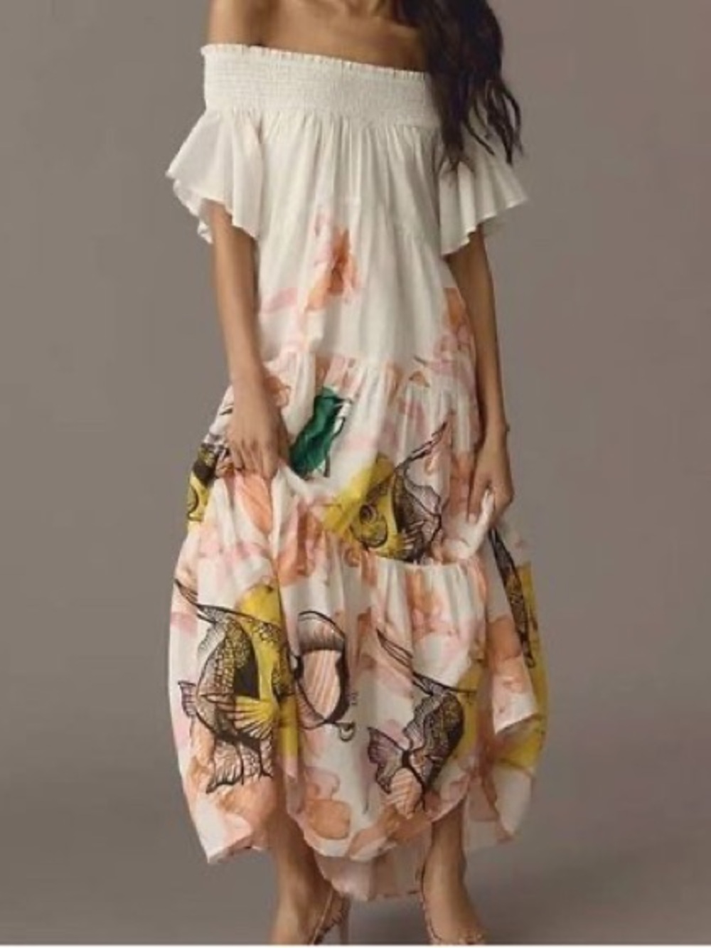 Off-Shoulder Floral & Fish Print Tiered Maxi Dress in White